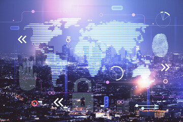 Map and data theme hologram on city view with skyscrapers background double exposure. International technology in business concept.