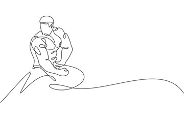 Single continuous line drawing of young muscular model man bodybuilder posing elegantly. Fitness gym logo. Trendy one line draw design vector illustration for budybuilding icon and symbol template