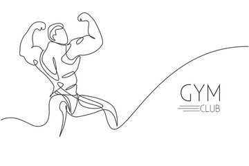 One continuous line drawing young strong model man bodybuilder posed. Fitness center gym logo concept. Dynamic single line draw design vector graphic illustration for bodybuilding competition contest