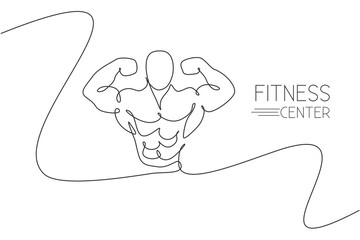 Single continuous line drawing of young muscular model man bodybuilder posing elegant. Fitness center gym logo. Trendy one line draw design vector illustration for bodybuilding icon symbol template