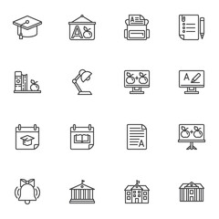 Education line icons set, outline vector symbol collection, linear style pictogram pack. Signs, logo illustration. Set includes icons as school bag, calendar, college, library, university building