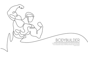 One single line drawing of young energetic model man bodybuilder posed vector illustration. Healthy workout concept. Modern continuous line draw design for bodybuilding fitness center club logo icon