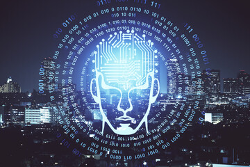 Fototapeta premium Brain hologram drawing on city scape background Double exposure. Brainstorming concept.