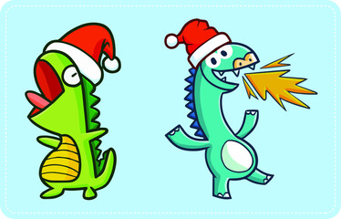 Obraz na płótnie Canvas Funny and cute crazy dragons wearing Santa's hat for Christmas
