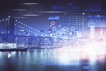 Fototapeta premium Data theme hologram drawing on city view with skyscrapers background multi exposure. Ai concept.