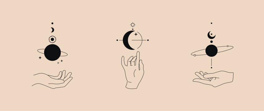 Hand gesture and moon simple linear template logo design. Magic astrological concepts tattoo, Fashion sticker, wall arts, magic book. Hand drawn vector illustration.