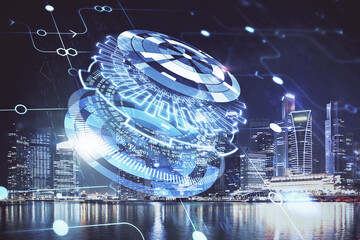 Data theme hologram drawing on city view with skyscrapers background multi exposure. Ai concept.