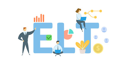 ELT, Executive Leadership Team. Concept with keywords, people and icons. Flat vector illustration. Isolated on white background.