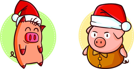 Cute and funny pigs  wearing Santa's hat for Christmas