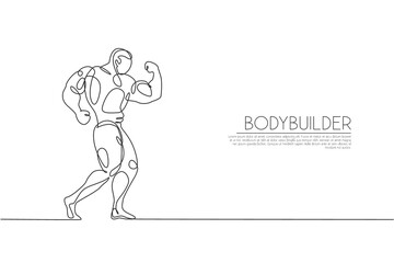 Single continuous line drawing of young muscular model man bodybuilder posing elegantly. Fitness center gym logo. Trendy one line draw design vector illustration for bodybuilding icon symbol template