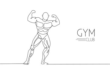 One single line drawing of young energetic model man bodybuilder pose vector illustration. Healthy workout concept. Modern continuous line draw design for bodybuilding fitness center club logo icon