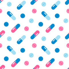 Colorful cartoon style pills, vitamins, medications, food suppliments vector seamless pattern background.