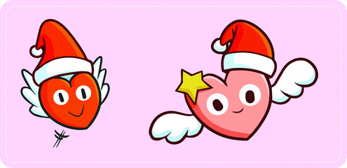 Cute and funny flying hearts  wearing Santa's hat for Christmas