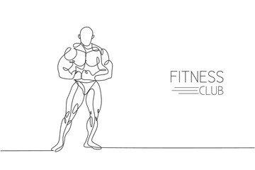 One single line drawing of young energetic model man bodybuilder pose vector illustration. Healthy workout in fitness center concept. Modern continuous line draw design for bodybuilding club logo icon