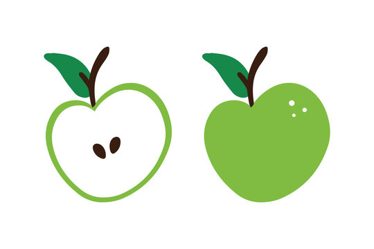 Green apples set, collection. Whole and cut in half apples vector icons, illustration for healthy, diet food design.