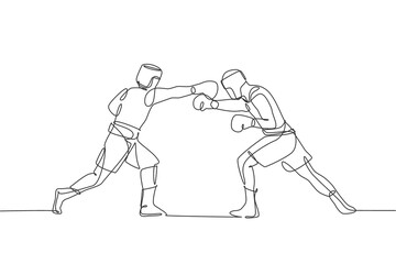 One single line drawing of two young energetic men boxer attack each other at boxing match vector illustration. Sport combative training concept. Modern continuous line draw design for boxing banner