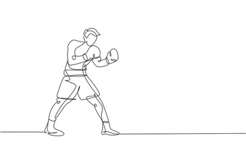 Fototapeta na wymiar Single continuous line drawing of young agile man boxer stance confidence at sport gym. Fair combative sport concept. Trendy one line draw design vector illustration for boxing game promotion media