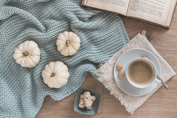 Concept of cozy coffee break: cup of coffee, woolen blanket, white mini  pumpkins and an old book on oak wooden floor, top view