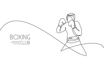 One continuous line drawing of young sporty man boxer practice his fight stance. Competitive combat sport concept. Dynamic single line draw design vector illustration for boxing match promotion poster