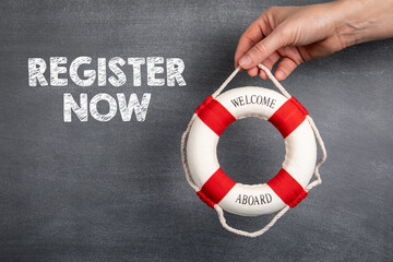 REGISTER NOW.  Business, internet, survey and open enrollment concept. Black chalk board