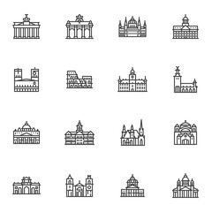 Fototapeta premium European cities landmarks line icons set, outline vector symbol collection, linear style pictogram pack. Signs, logo illustration. Set includes icons as world famous buildings, castles and towers