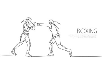 Single continuous line drawing two young agile women boxer practice fighting duel. Fair combative sport concept. Trendy one line draw design graphic vector illustration for boxing game promotion media