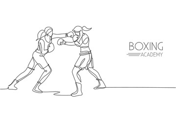One single line drawing two young energetic women boxer practice duel fighting vector graphic illustration. Sport combative training concept. Modern continuous line draw design for boxing event banner