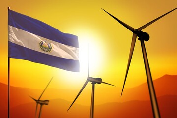 El Salvador wind energy, alternative energy environment concept with wind turbines and flag on sunset industrial illustration - renewable alternative energy, 3D illustration