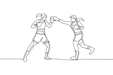 Fototapeta na wymiar One single line drawing of two young energetic women boxer sparring fight at gym vector illustration. Sport combat training concept. Modern continuous line draw design for boxing championship banner