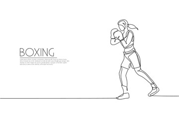 Fototapeta na wymiar One continuous line drawing of young sporty woman boxer improve defense skill. Competitive combat sport concept. Dynamic single line draw design vector illustration for boxing match promotion poster