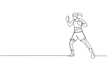 Fototapeta na wymiar Single continuous line drawing of young agile woman boxer stance confidence at sport gym. Fair combative sport concept. Trendy one line draw design vector illustration for boxing game promotion media