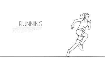 One single line drawing of young energetic woman runner focus to run fast vector illustration. Individual sports, training concept. Modern continuous line draw design for running competition banner