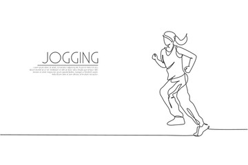 Single continuous line drawing young agile woman runner jogging run. Individual sport with competition concept. Trendy one line draw design vector graphic illustration for running tournament promotion