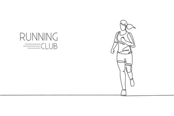 One continuous line drawing young woman athlete runner run pleasure. Individual sport, competitive concept. Dynamic single line draw design graphic vector illustration for running competition poster