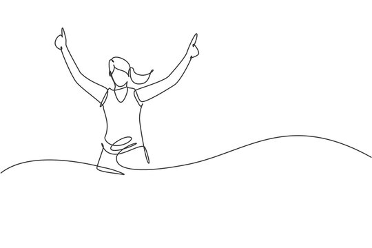 Single continuous line drawing of young agile woman runner reach finish line. Individual sport and competition concept. Trendy one line draw design vector illustration for running tournament promotion