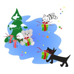 Obraz na płótnie Canvas Cute little animals carry gifts of the Christmas tree. Vector new year illustration