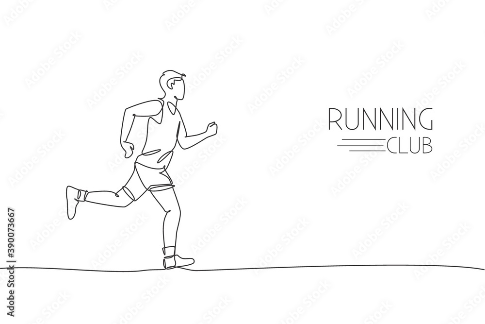 Poster single continuous line drawing of young agile man runner running constantly. individual sport with c
