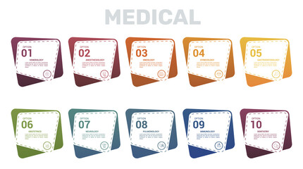 Infographic Medical template. Icons in different colors. Include Venerology, Anesthesiology, Oncology, Gynecology and others.