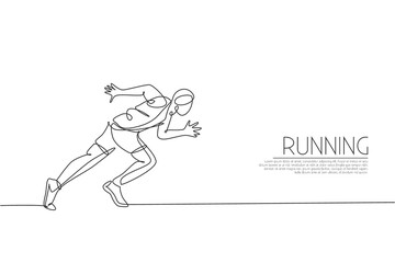 Fototapeta premium Single continuous line drawing of young agile man runner focus to sprint run. Individual sport, competition concept. Trendy one line draw design vector illustration for running tournament promotion