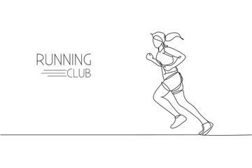 One continuous line drawing of young woman athlete runner run from side view. Individual sport, competitive concept. Dynamic single line draw design vector illustration for running competition poster