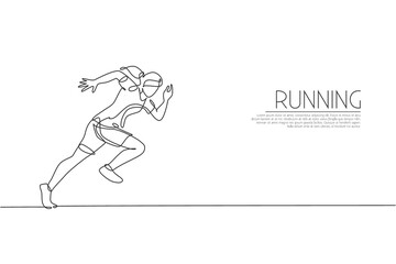 One single line drawing of young energetic woman runner focus to sprint run vector illustration. Individual sports, training concept. Modern continuous line draw design for running competition banner