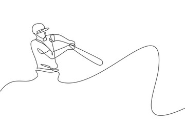 Obraz premium Single continuous line drawing of young agile man baseball player focus training to hit the ball. Sport exercise concept. Trendy one line draw design vector illustration for baseball promotion media