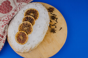 Strudel with custard and orange. Christmas Stollen. 