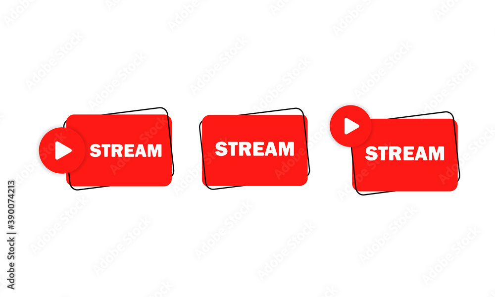 Poster live stream flat logo banner. red vector design element with play button. live webinar button, icon,
