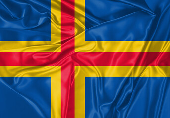 Aland Islands flag waving in the wind. National flag on satin cloth surface texture. Background for...