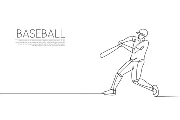 Fototapeta premium Single continuous line drawing of young agile man baseball player practice to hit ball at field. Sport exercise concept. Trendy one line draw design vector illustration for baseball promotion media