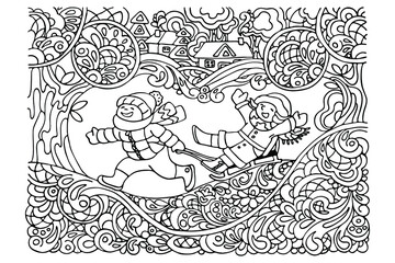 coloring book, cheerful boy rolls a girl in a sleigh, winter, winter patterns, for children, for adults, vector illustration