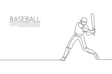 Fototapeta na wymiar Single continuous line drawing of young agile man baseball player practice to hit the ball. Sport exercise concept. Trendy one line draw design graphic vector illustration for baseball promotion media