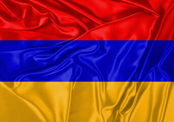 Armenia flag waving in the wind. National flag on satin cloth surface texture. Background for international concept.