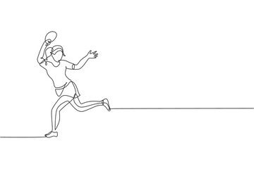 One continuous line drawing of young sporty woman table tennis player active to catch the ball. Competitive sport concept. Single line draw design vector illustration for ping pong championship poster